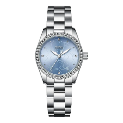 Silver watch with a blue face on a white background