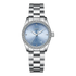 Silver watch with a blue face on a white background