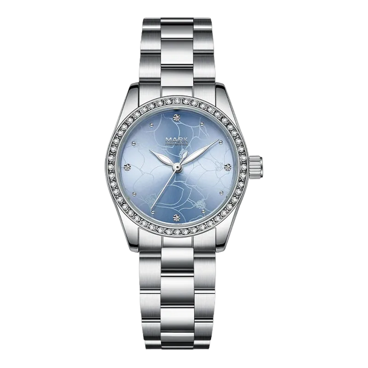 Silver watch with a blue face on a white background
