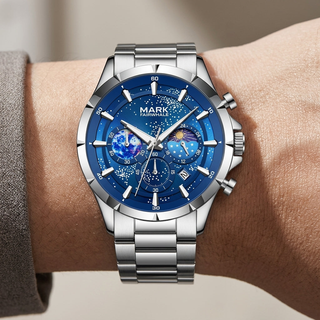 Silver watch with a blue face on a wrist against a neutral background