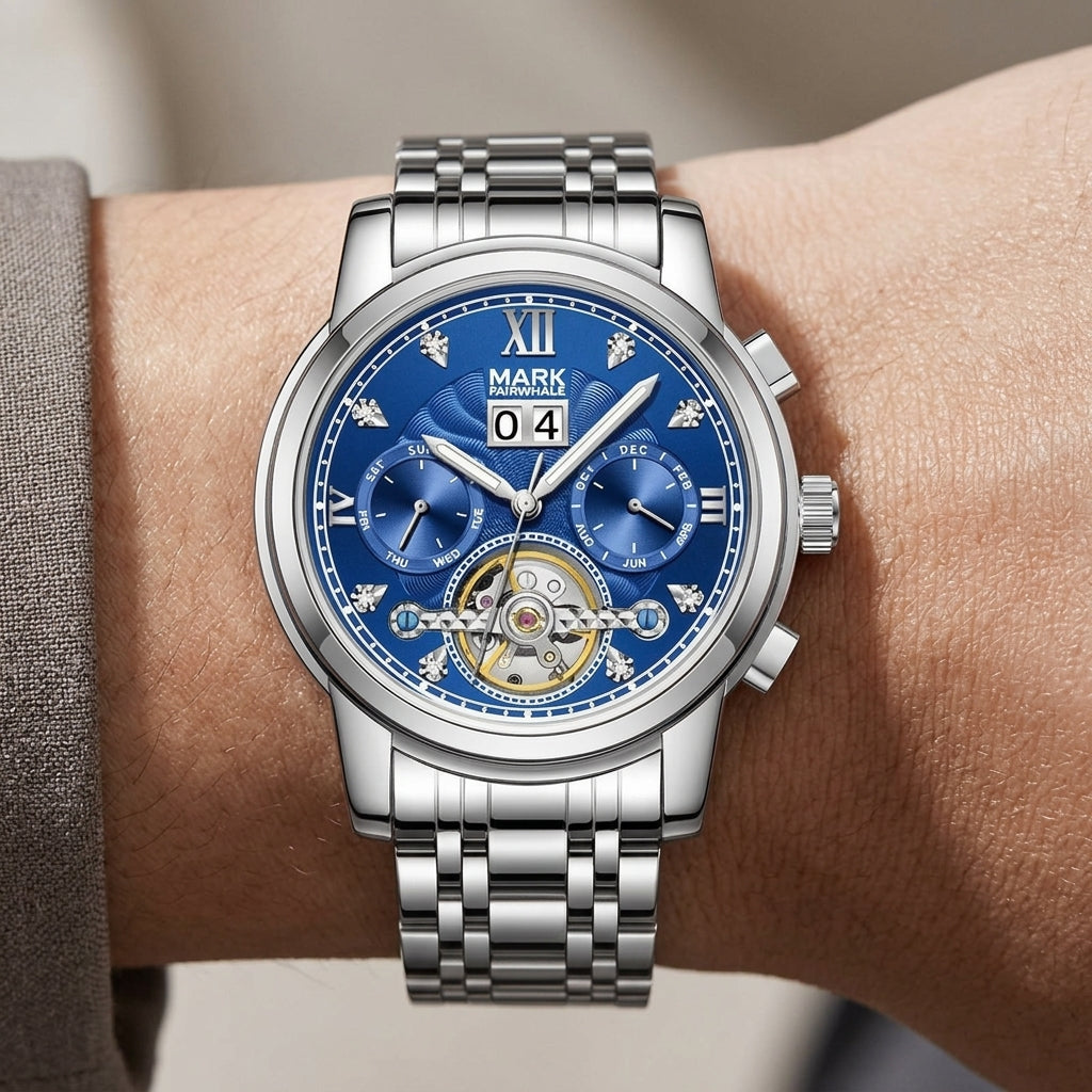 Silver watch with a blue face on a wrist, brand 'Mark & Co' visible