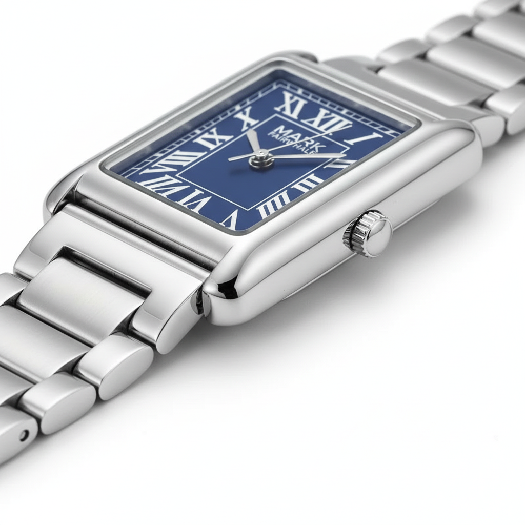 Silver watch with a blue face on a white background