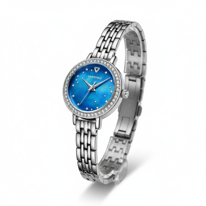 Silver watch with a blue face on a white background