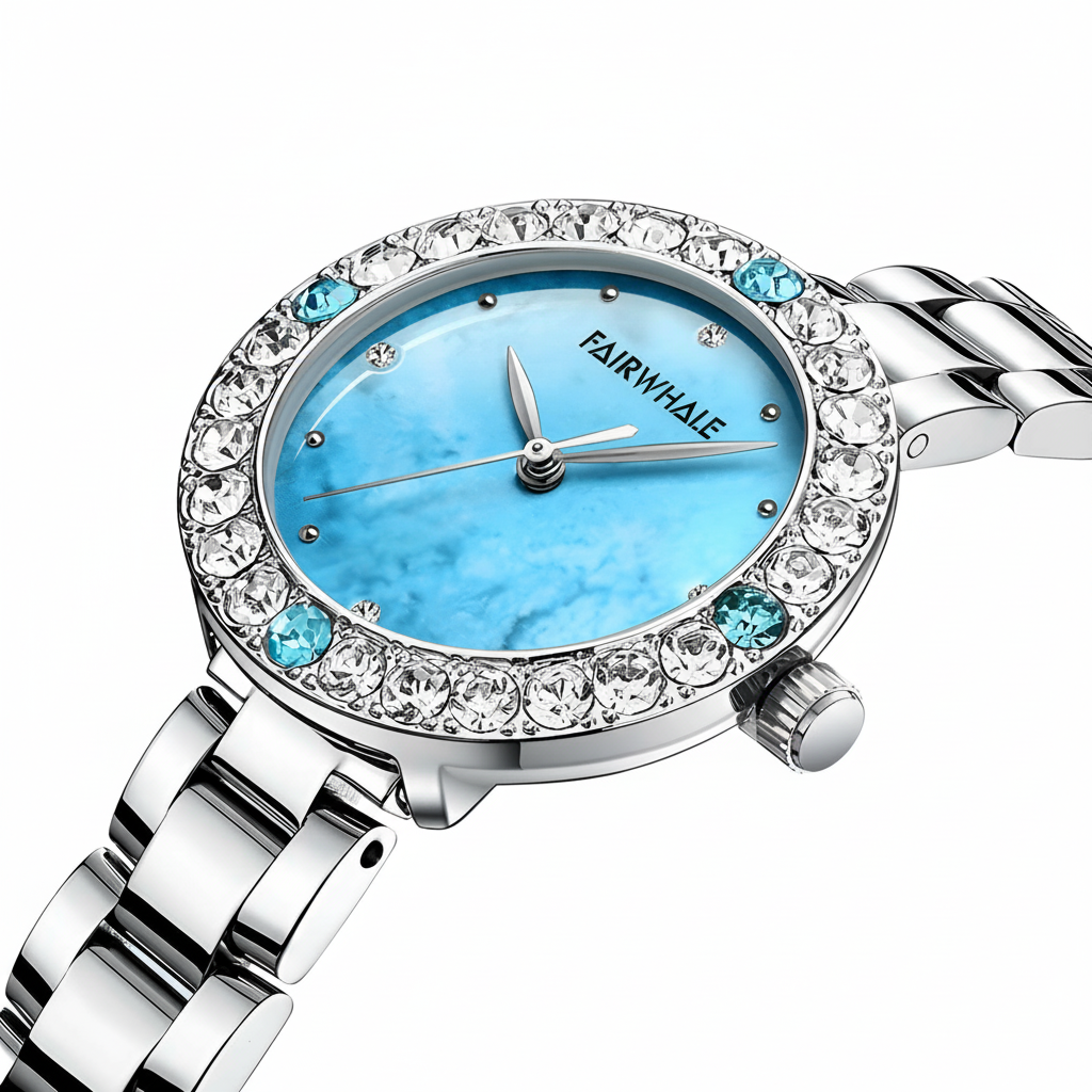 Silver watch with a blue face and gemstone accents on a white background