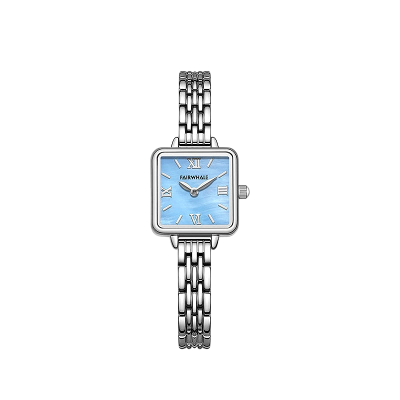 Silver watch with a blue face on a white background