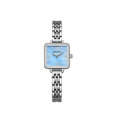 Silver watch with a blue face on a white background