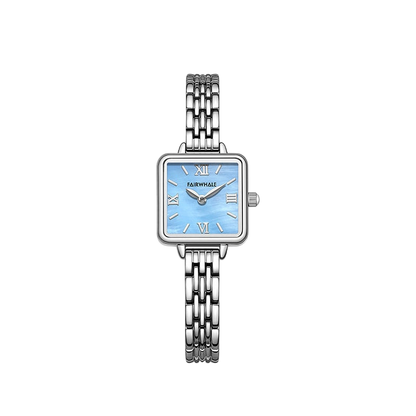 Silver watch with a blue face on a white background