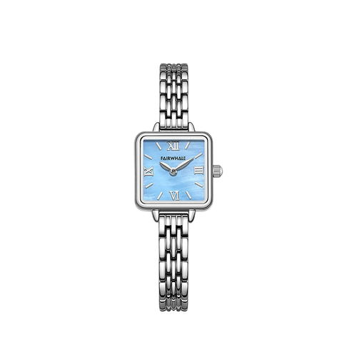 Silver watch with a blue face on a white background