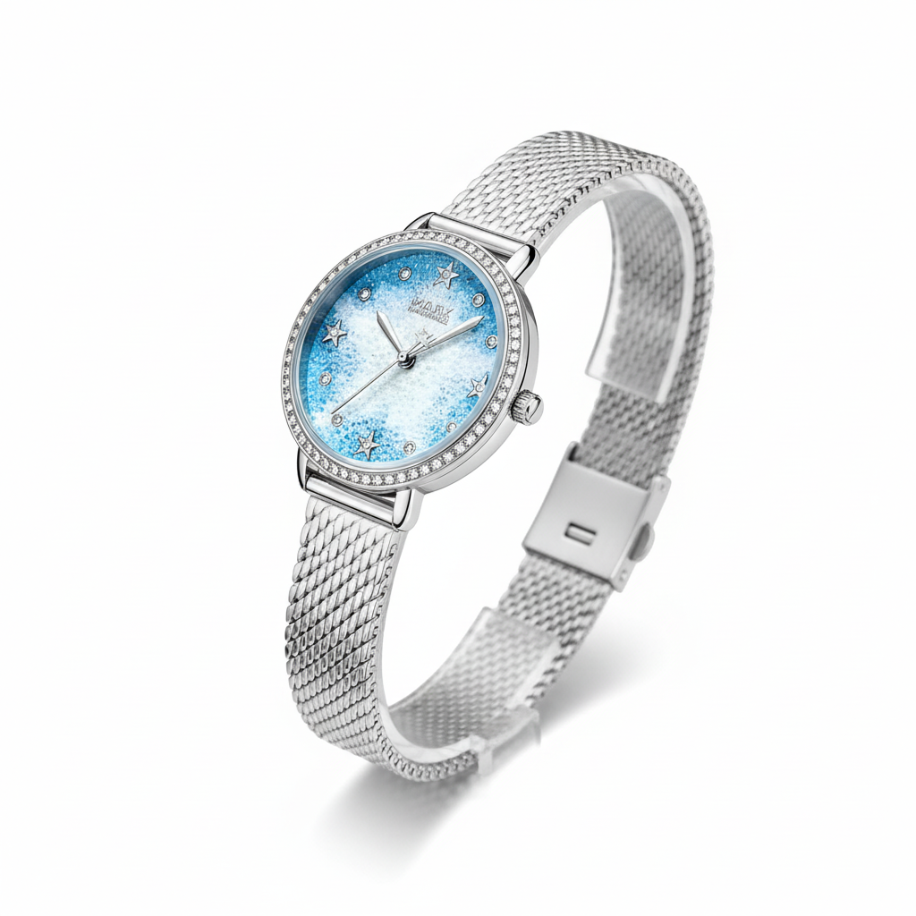 Silver watch with a blue face on a white background