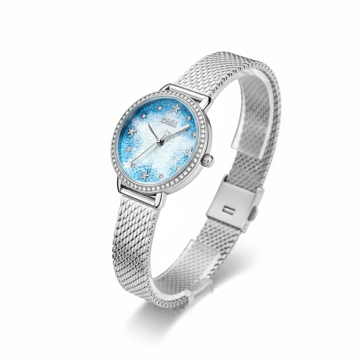 Silver watch with a blue face on a white background
