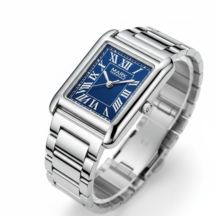 Silver watch with a blue rectangular face on a white background