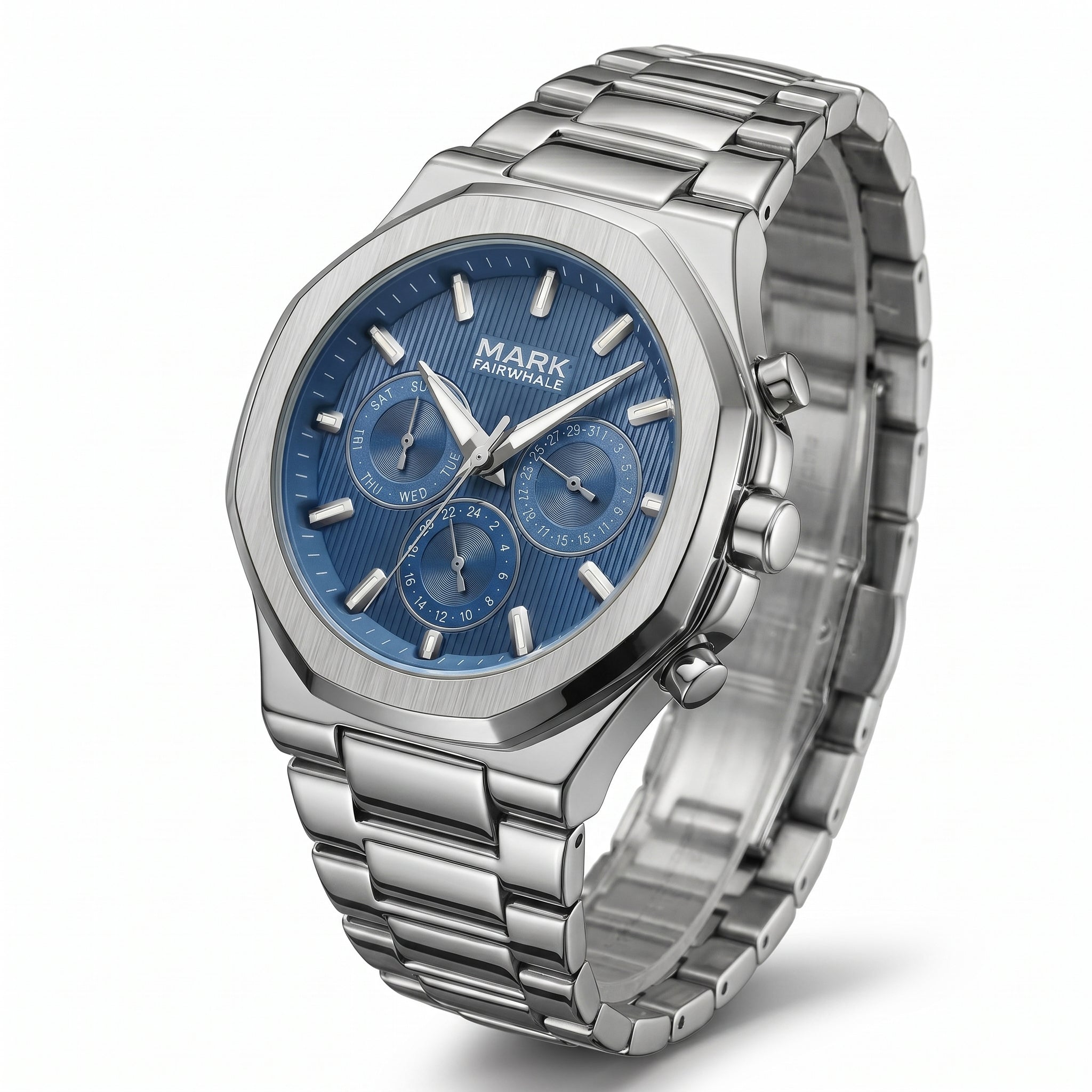 Silver watch with a blue face on a white background