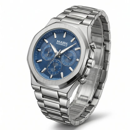 Silver watch with a blue face on a white background