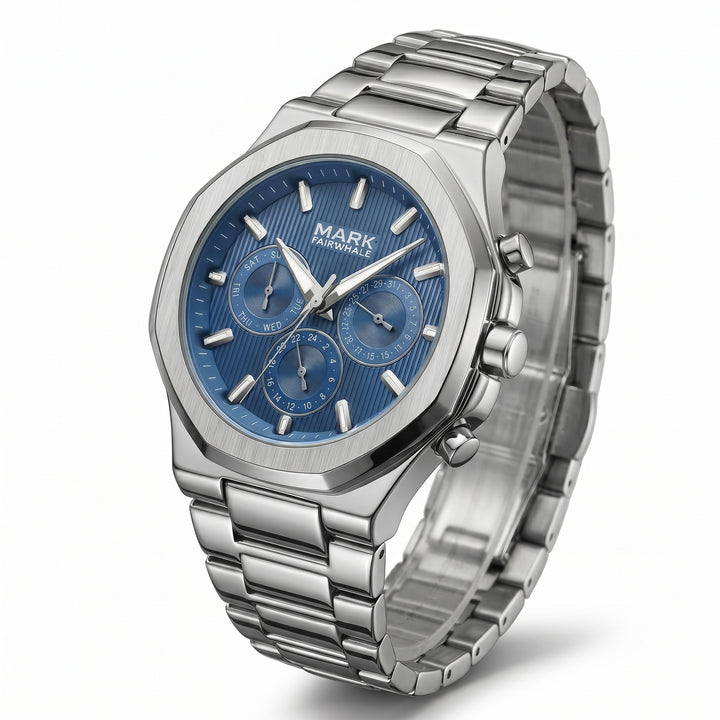 Silver watch with a blue face on a white background