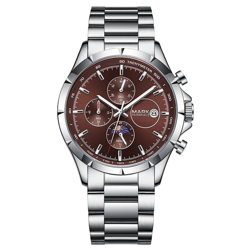 Silver watch with a brown face on a white background
