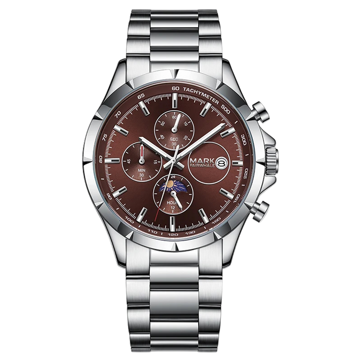 Silver watch with a brown face on a white background