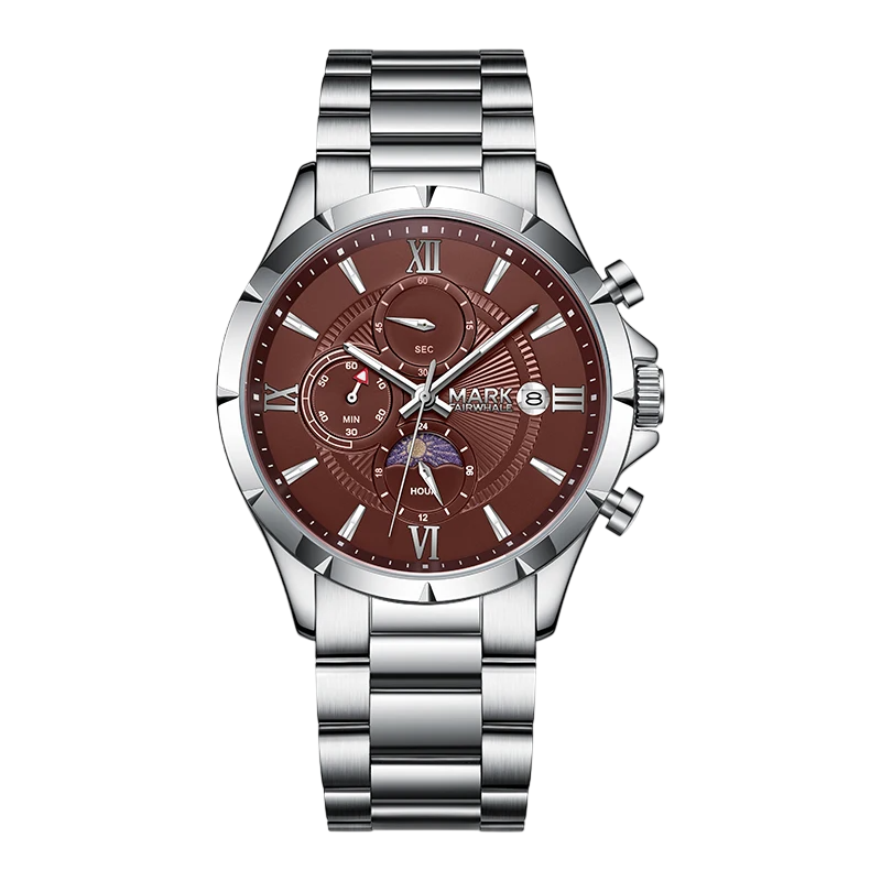 Silver watch with a brown face on a white background