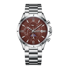 Silver watch with a brown face on a white background