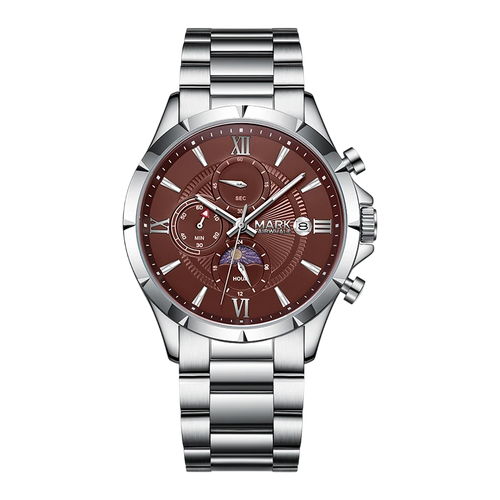 Silver watch with a brown face on a white background
