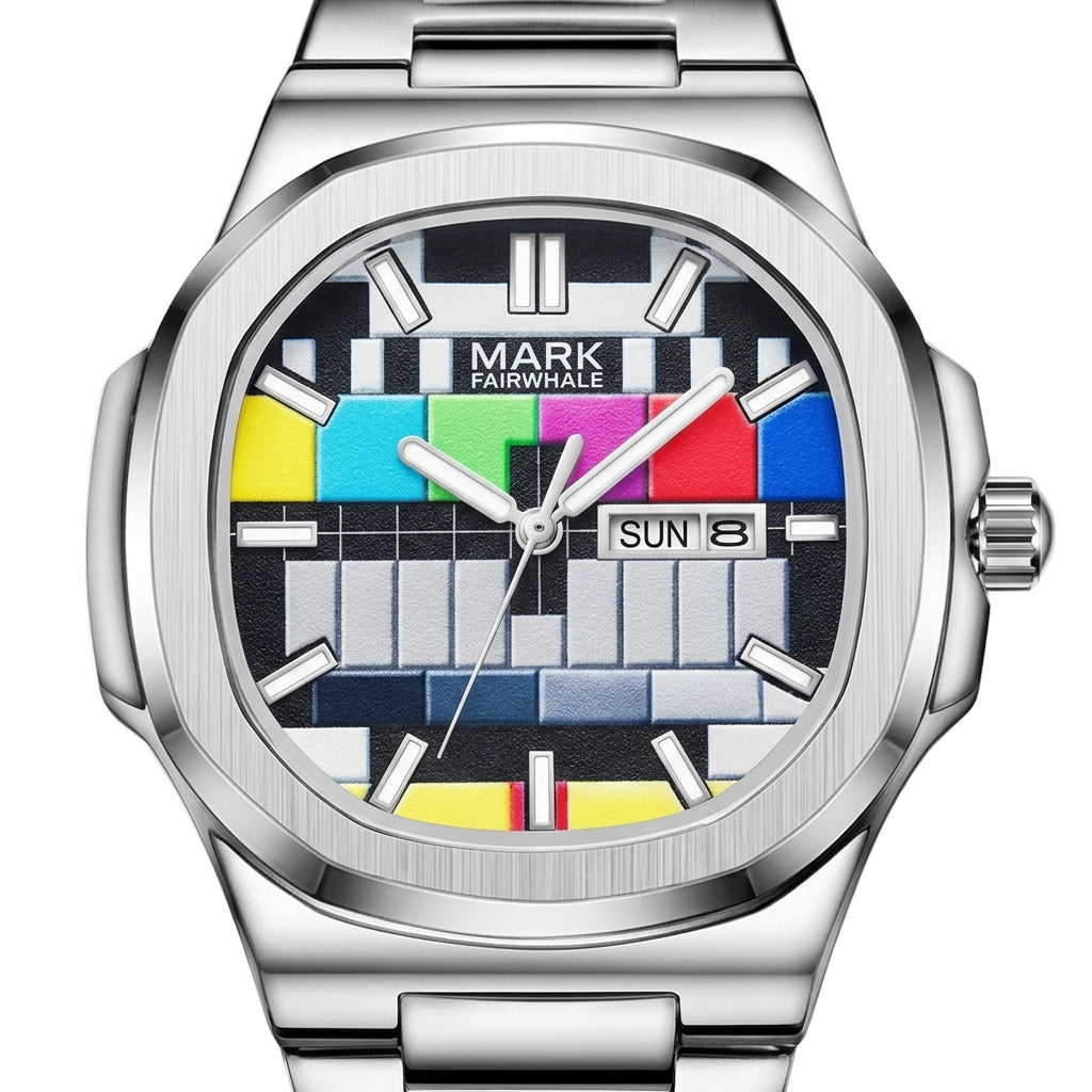 Silver watch with a colorful display on a white background