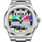 Silver watch with a colorful display on a white background