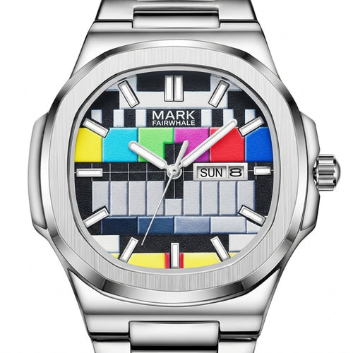 Silver watch with a colorful display on a white background