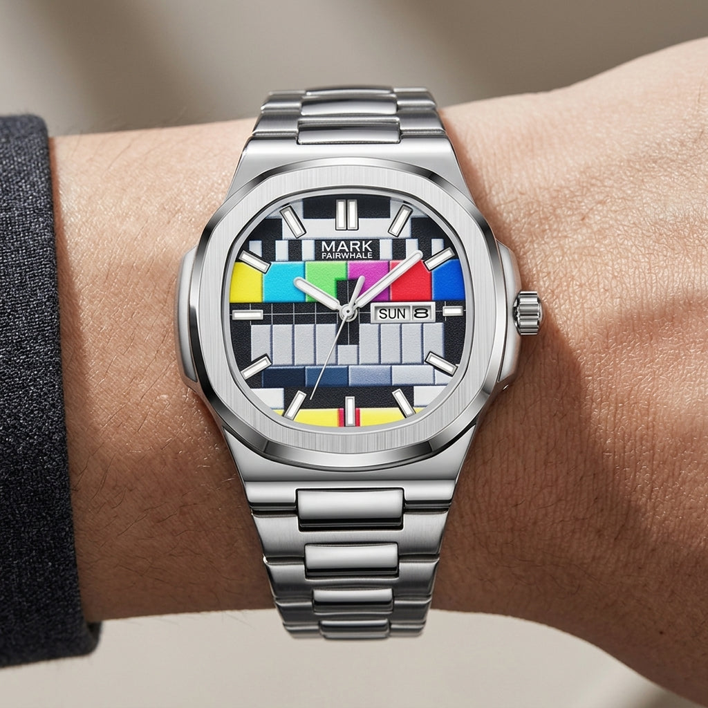 Silver watch with a colorful display on a wrist against a neutral background