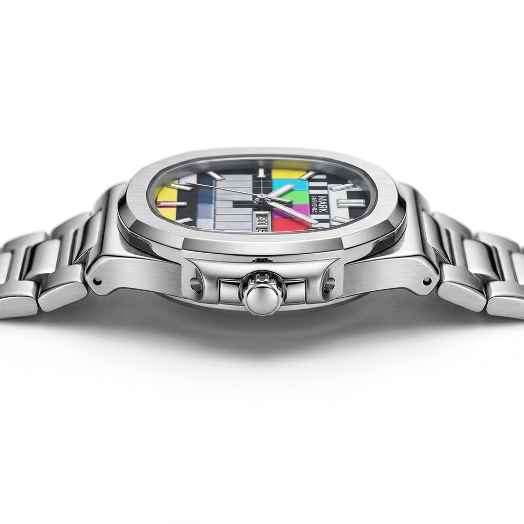Silver watch with a colorful face on a white background