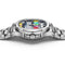 Silver watch with a colorful face on a white background