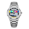 Silver watch with a colorful face on a white background