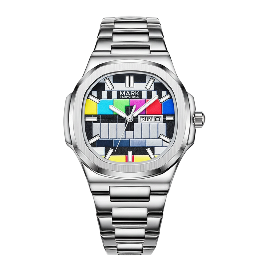 Silver watch with a colorful face on a white background