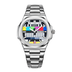 Silver watch with a colorful face on a white background