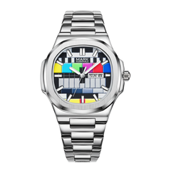 Silver watch with a colorful face on a white background