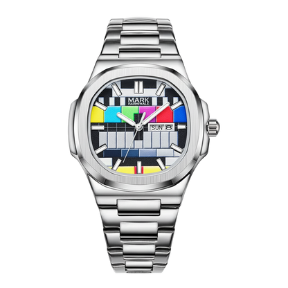 Silver watch with a colorful face on a white background
