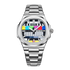 Silver watch with a colorful face on a white background
