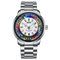 Silver watch with a colorful face on a white background