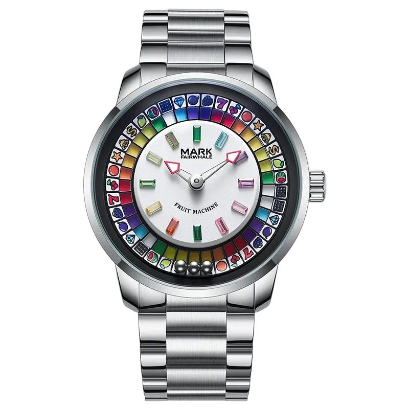 Silver watch with a colorful face on a white background
