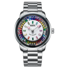 Silver watch with a colorful face on a white background