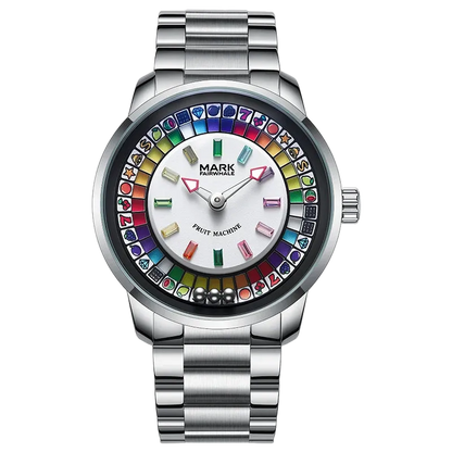 Silver watch with a colorful face on a white background