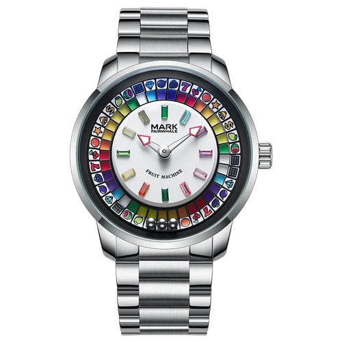 Silver watch with a colorful face on a white background