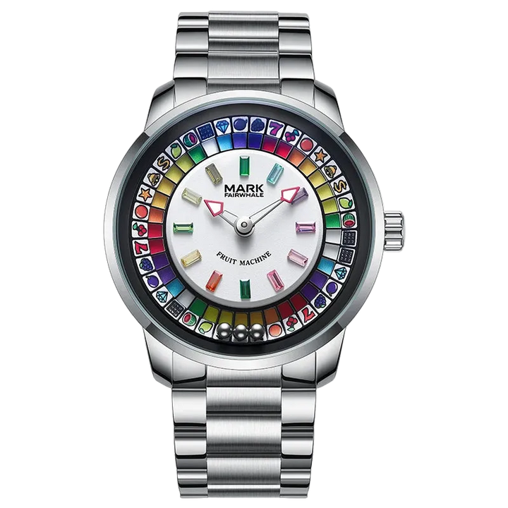 Silver watch with a colorful face on a white background