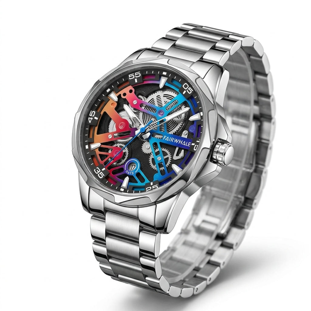 Silver watch with a colorful mechanical face on a white background