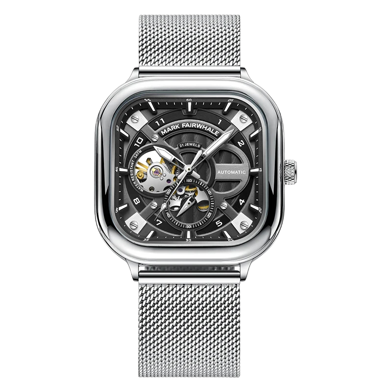 Silver watch with a detailed face on a white background