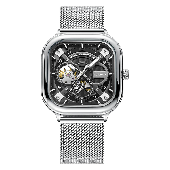 Silver watch with a detailed face on a white background