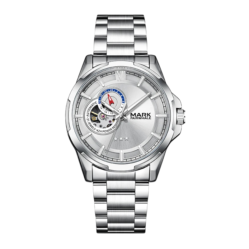 Silver watch with a detailed face on a white background