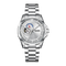 Silver watch with a detailed face on a white background