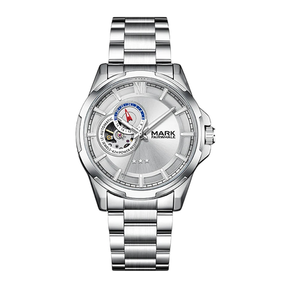 Silver watch with a detailed face on a white background