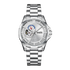 Silver watch with a detailed face on a white background