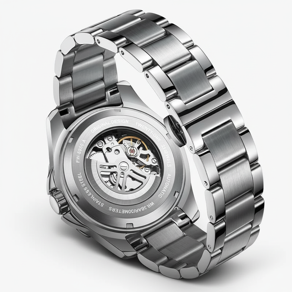 Silver watch with a detailed mechanical back on a white background