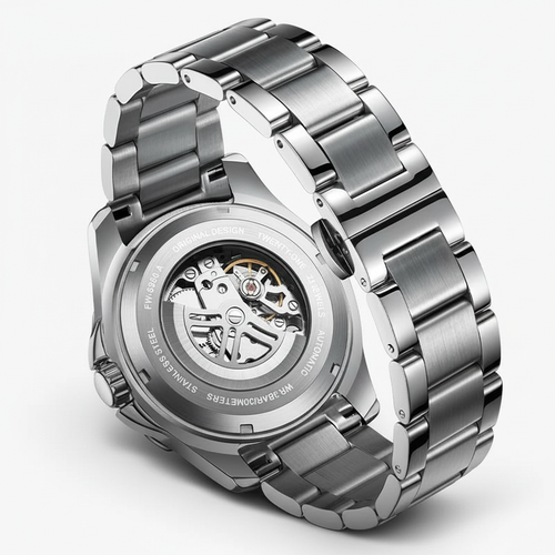 Silver watch with a detailed mechanical back on a white background